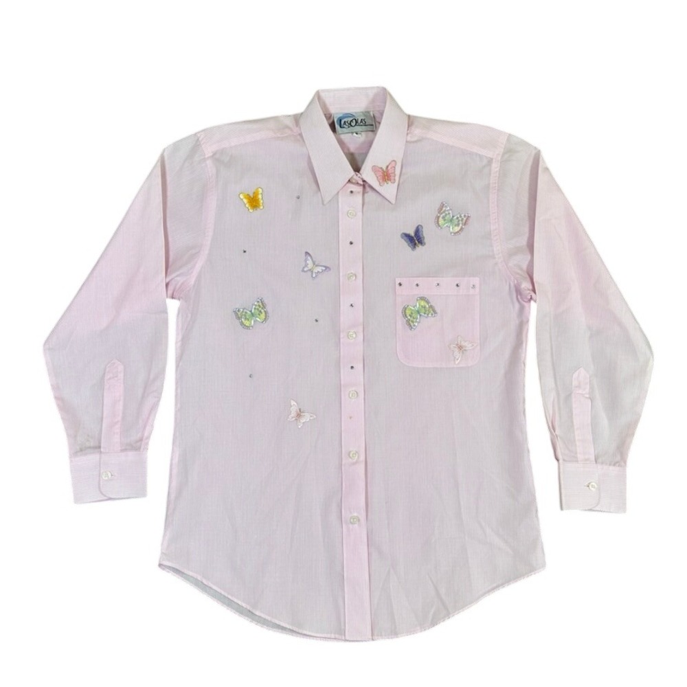 Las Olas Pink Striped Butterfly Embroidered Rhinestone Button Up Shirt Small